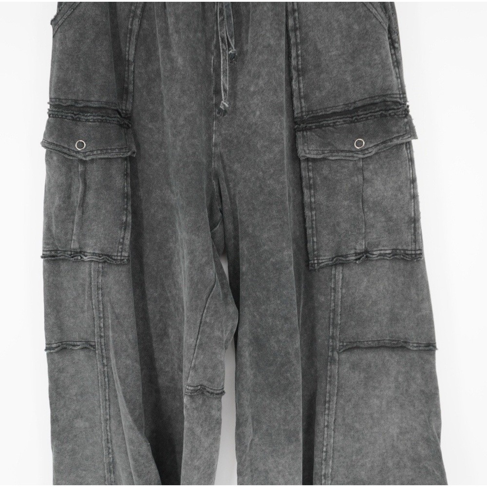 Easel Womens Utility Mineral Washed Wide Leg Terry Knit Cargo Pant Black Large - Picture 8 of 15
